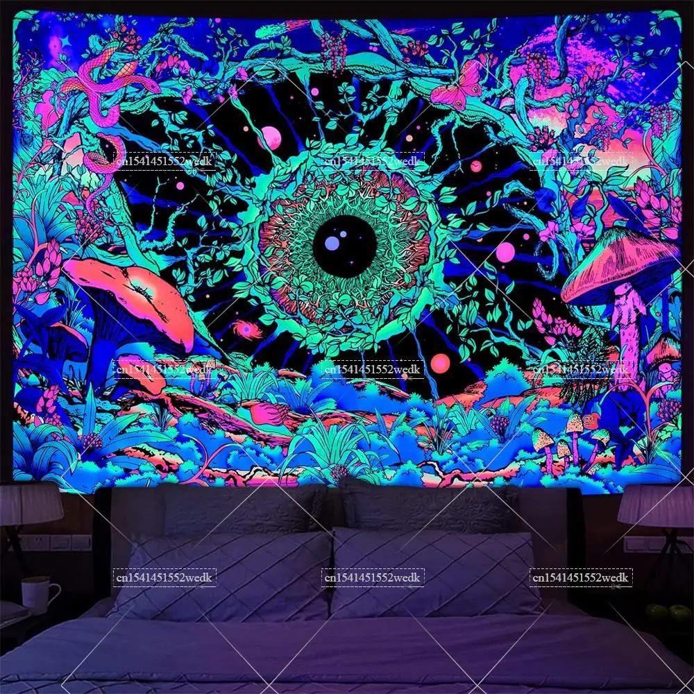 Blacklight Mushroom Tapestry UV Reactive Hippie Eye Butterfly Snake Neon Tapestrys Floral Plants Black Light Wall Tapestry