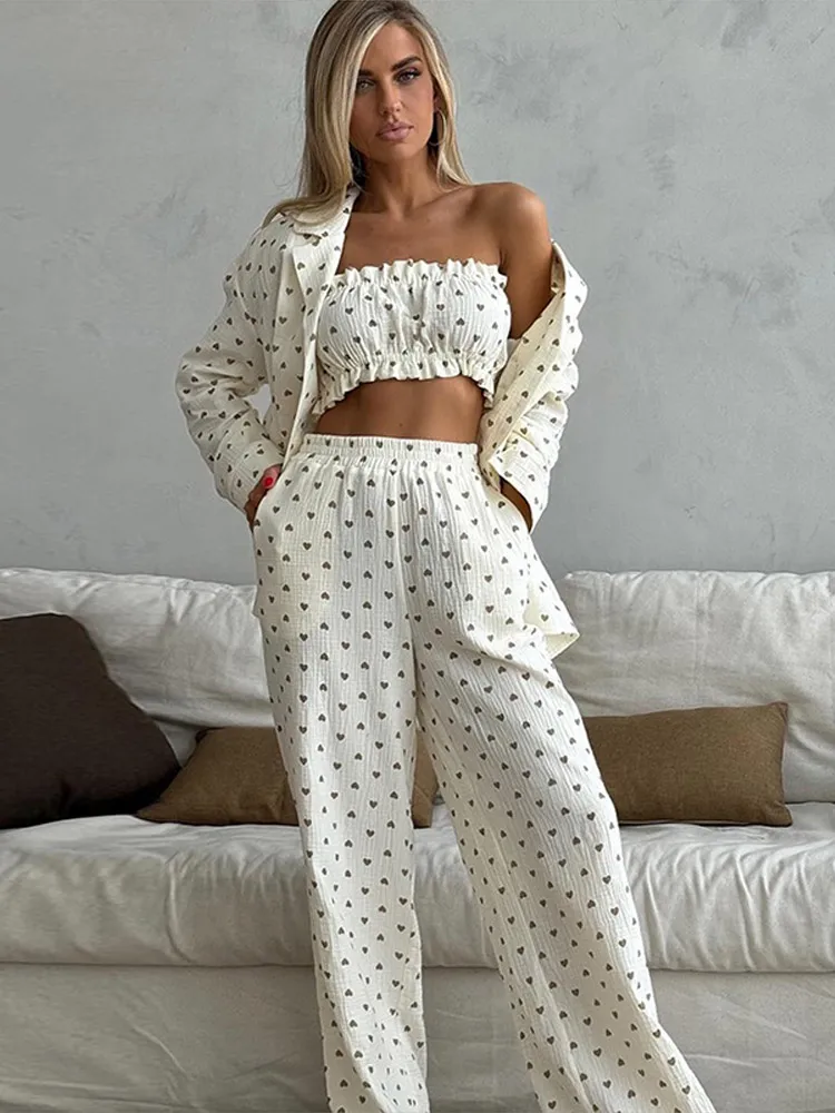 Women Pajamas 3 Piece Sets Elegant Laple Printed Love Fulll Sleeve Shirt Loose Elastic Waist Pants Female Suits Lady Sleepwears