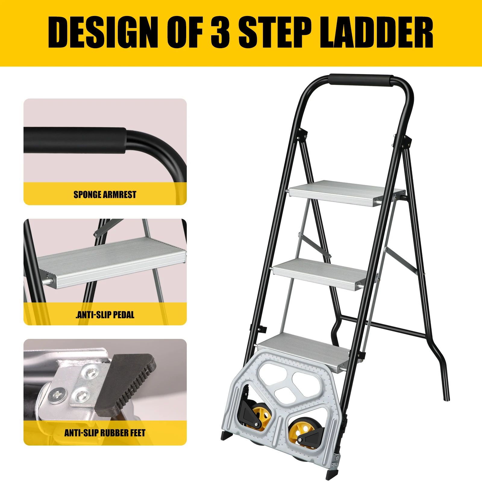 POWSTR Folding Sack Truck & 3/2 Step Ladder 2 in 1 Aluminum Sack Trolley with Foldable Wheels for Moving Luggages