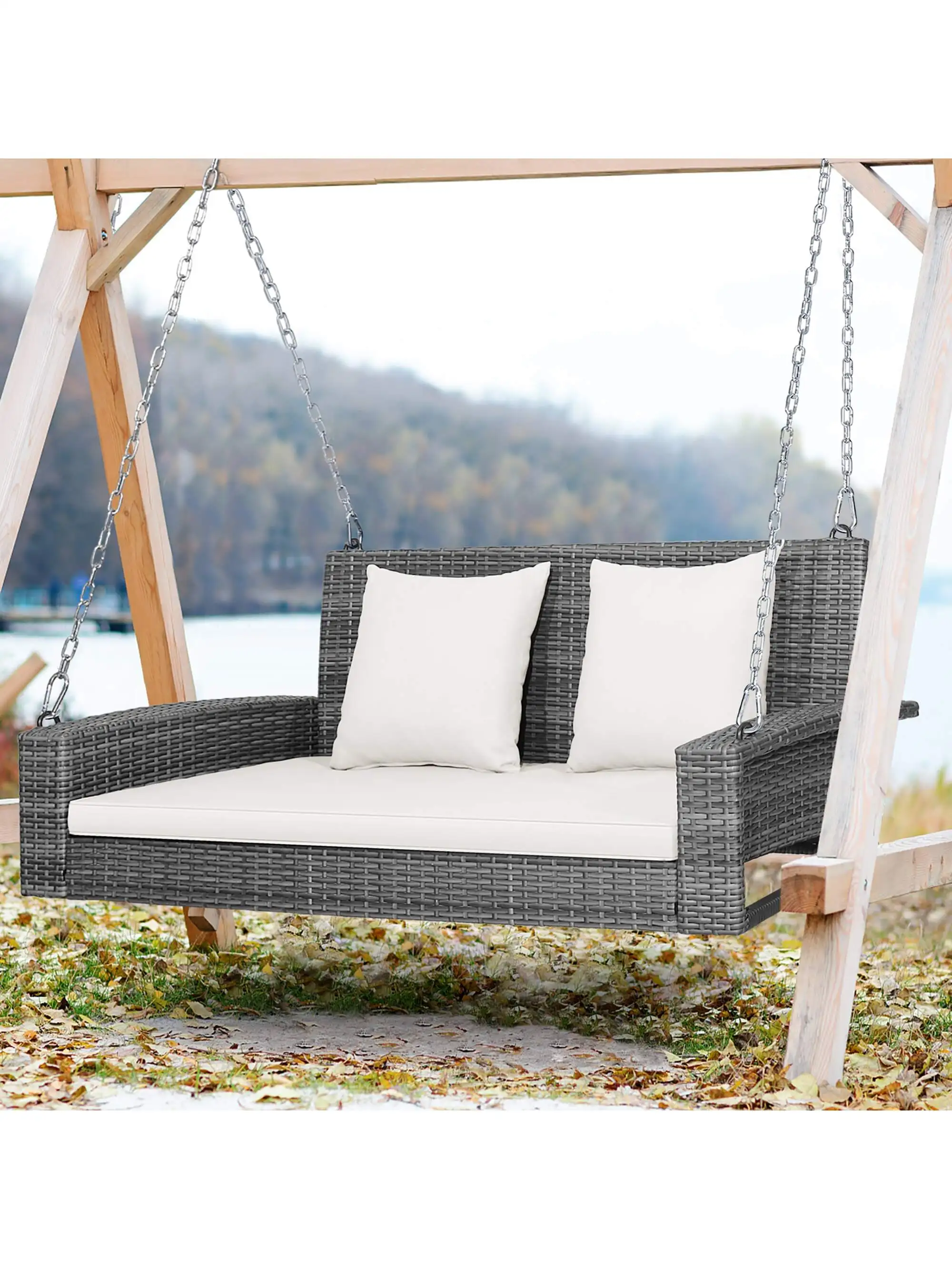 

2-Person Patio PE Wicker Hanging Porch Swing Bench Chair Cushion 800lbs