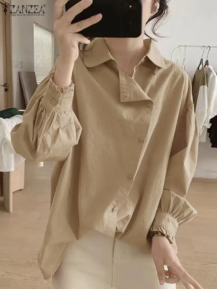 

ZANZEA Office Asymmetrical Shirts Women Fashion Lapel Blouse Casual Loose Solid Color Tops Tunics Vintage Holiday Lady Blusas