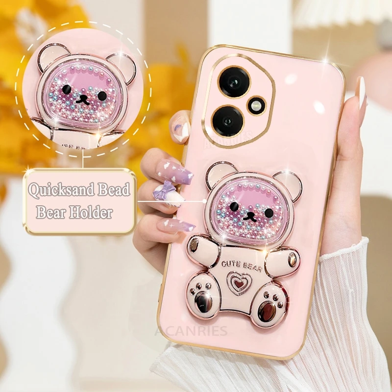 Cute Plating Quicksand Bear Holder Phone Case - Shockproof Silicone Stand Back Cover