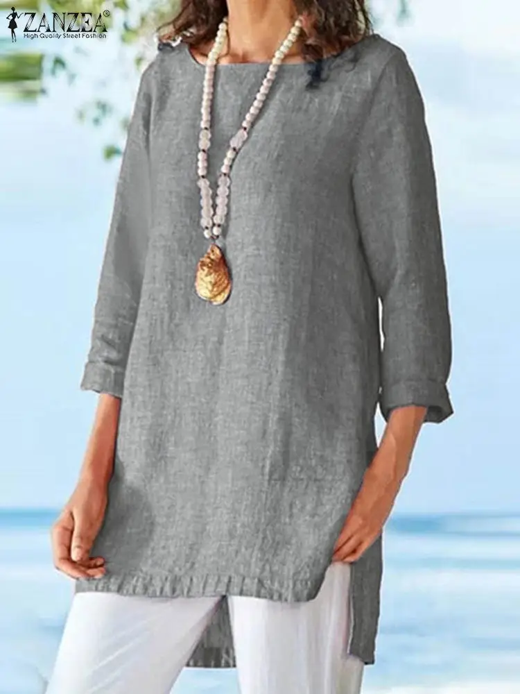 2023 ZANZEA Oversize Women Solid Shirt High Low O Neck 3/4 Sleeve Blouse Casual Loose Vintage Tops Holiday Spring Blusas Chemise
