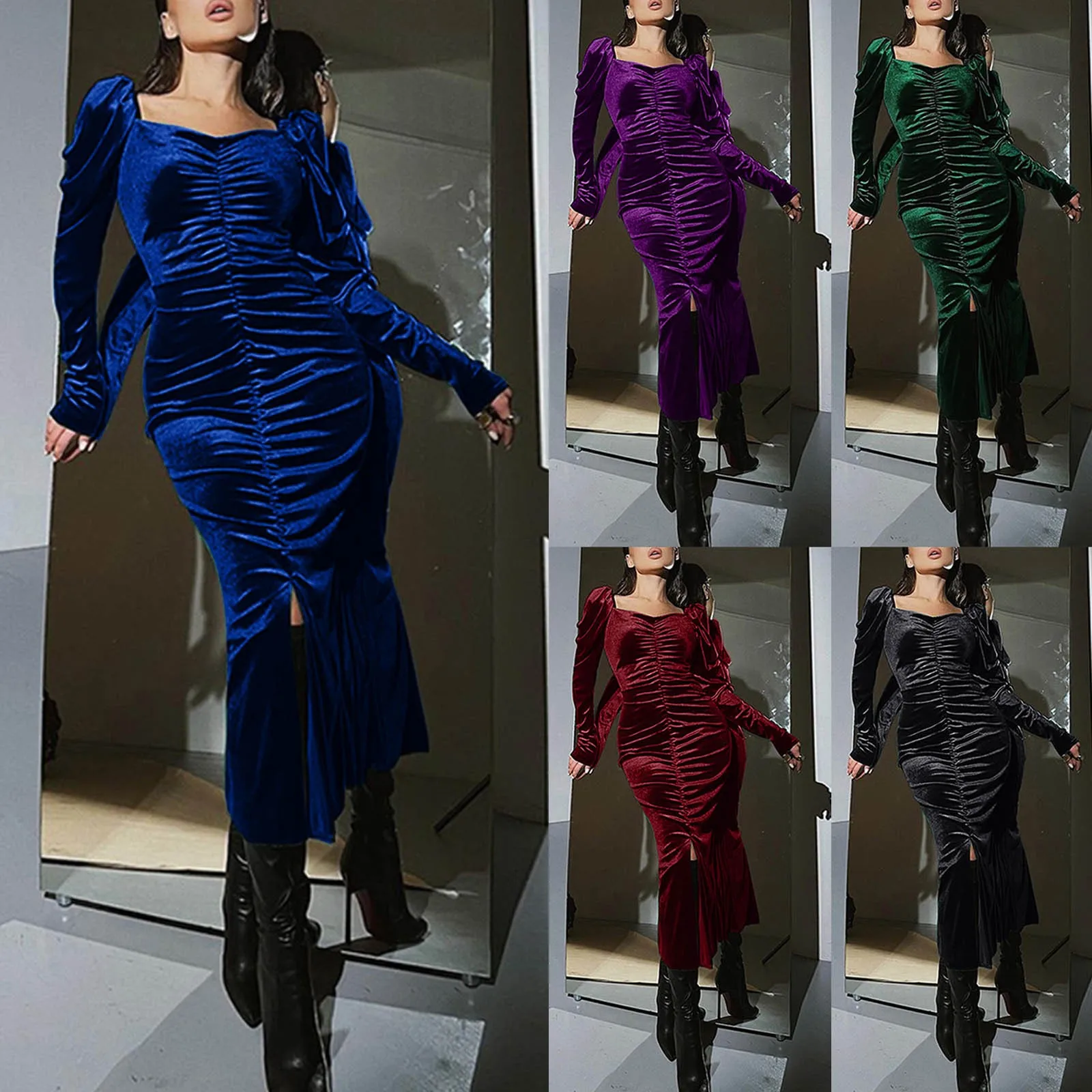 

2022 Autumn Velvet Bodycon Midi Dress for Women Long Sleeve Ruched Slim Fit Evening Dress Female Party Clubwear Vestido Robe