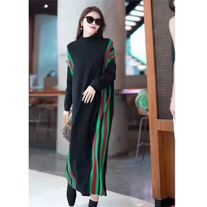 Thickened Base Color Blocking Woolen Dress Women 2024 Autumn/Winter New Loose Slimming Mid Length Knitted Dress External Wear