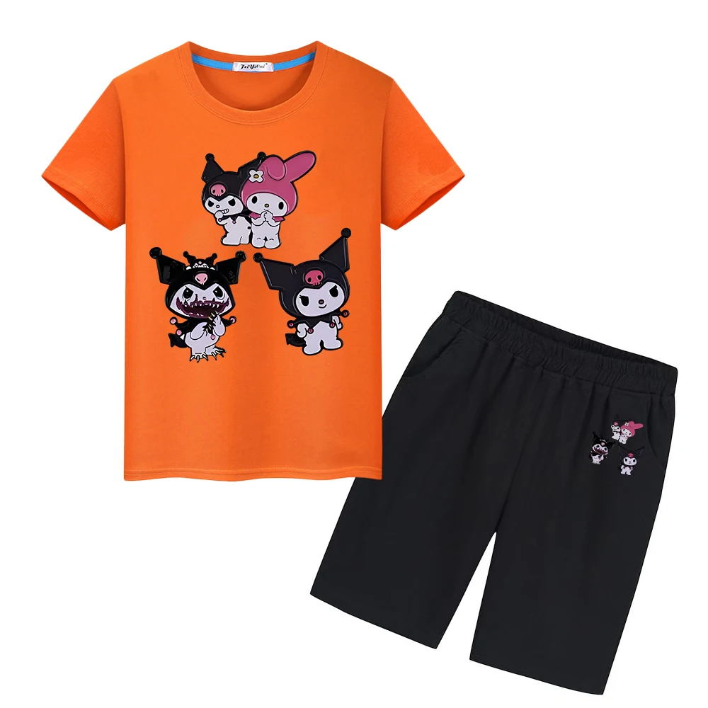

Sanrio Print 100%Cotton Cute T-shirt Sports Sets Kawaii Tops+short Kulomi Melody Anime Tshirts kid holiday gift boy girl clothes