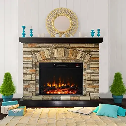 with Mantel, Tall Fire Place Heater Freestanding with Remote Control Timer LED Flame for Living Room Bedroom