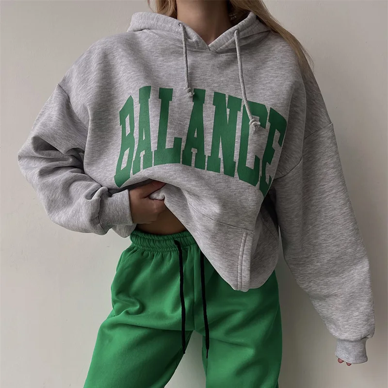 

Hip Hop Green Letter Print Loose Hoodies Women Long Sleeve Drawstring Sports Sweatshirt Men Streetwear Autumn American Stylish