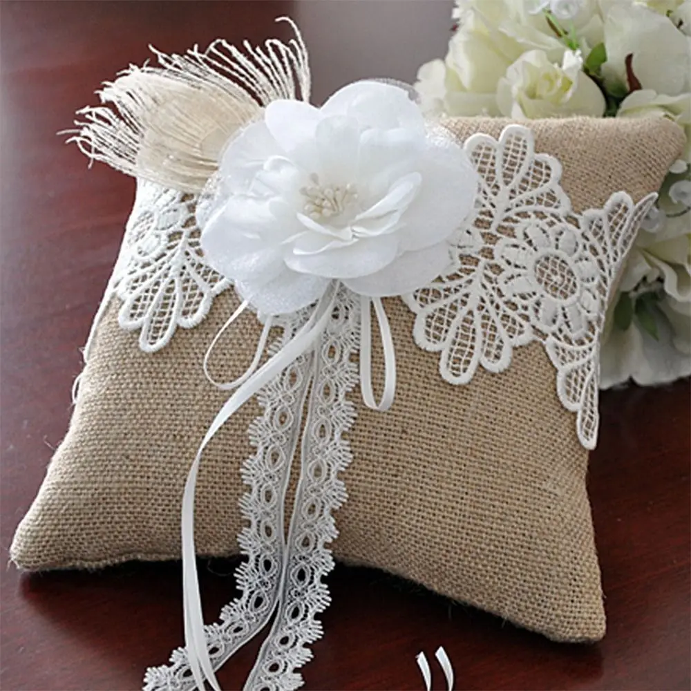 White Silk Jute Wedding Ring Bearer Pillow 15cm 20cm