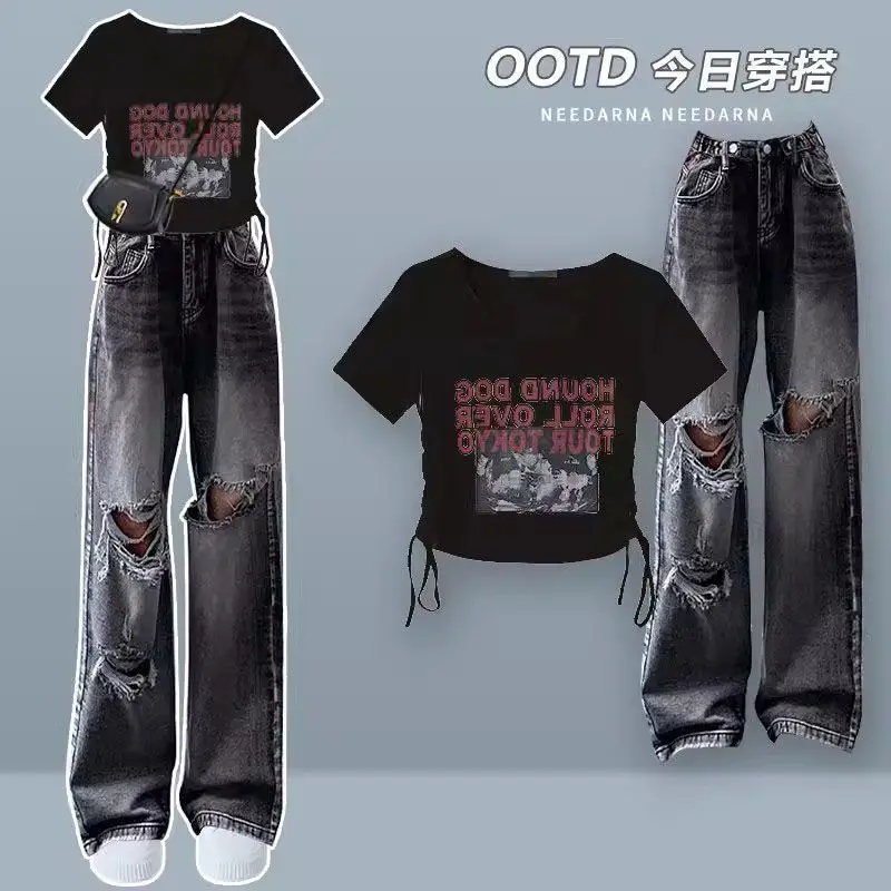 Summer Korean Short Sleeved T-shirt Sweet Cool Women's Set+High Waist Personalized Perforated Jeans Two Piece Set Fashion