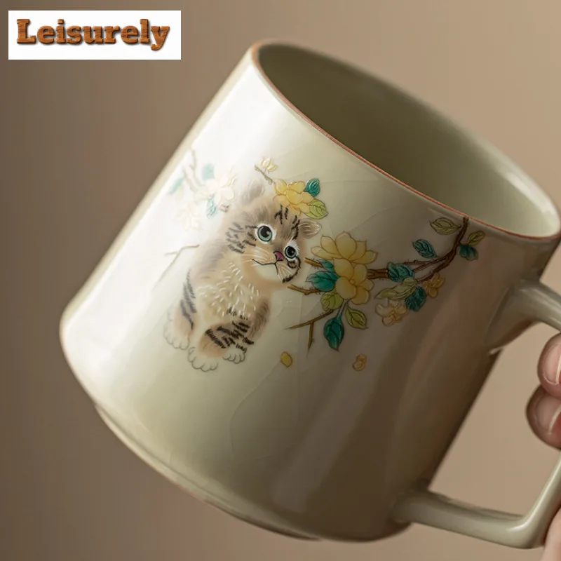 400ml Cute Cat Ru Kiln Porcelain Office Work Cup Antique Filter Tea Separator Cup Can Nourishing Personal Water Mug With Lid