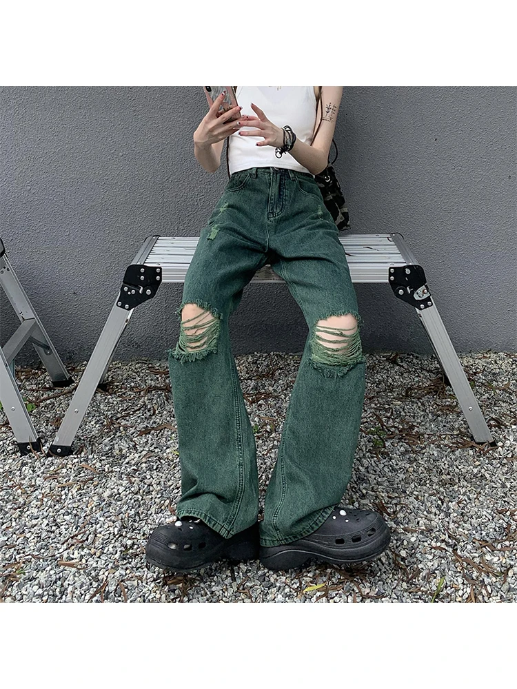 

Women Vintage Green Y2k Ripped Jeans Baggy Harajuku Aesthetic 2000s Denim Trousers Oversize Jean Pants Oversize 90s Clothes 2024