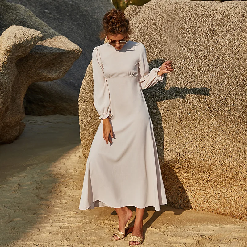 Flowy big hem beach dress for modest summer swimwear look