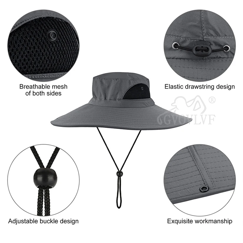 Golf Men Sun Hat Outdoor Bucket Mesh Wide Brim Boonie Hat UV Sun Protection Fishing Hiking Hats Mountain Climbing Gray and Khaki sports sun hats golf caps