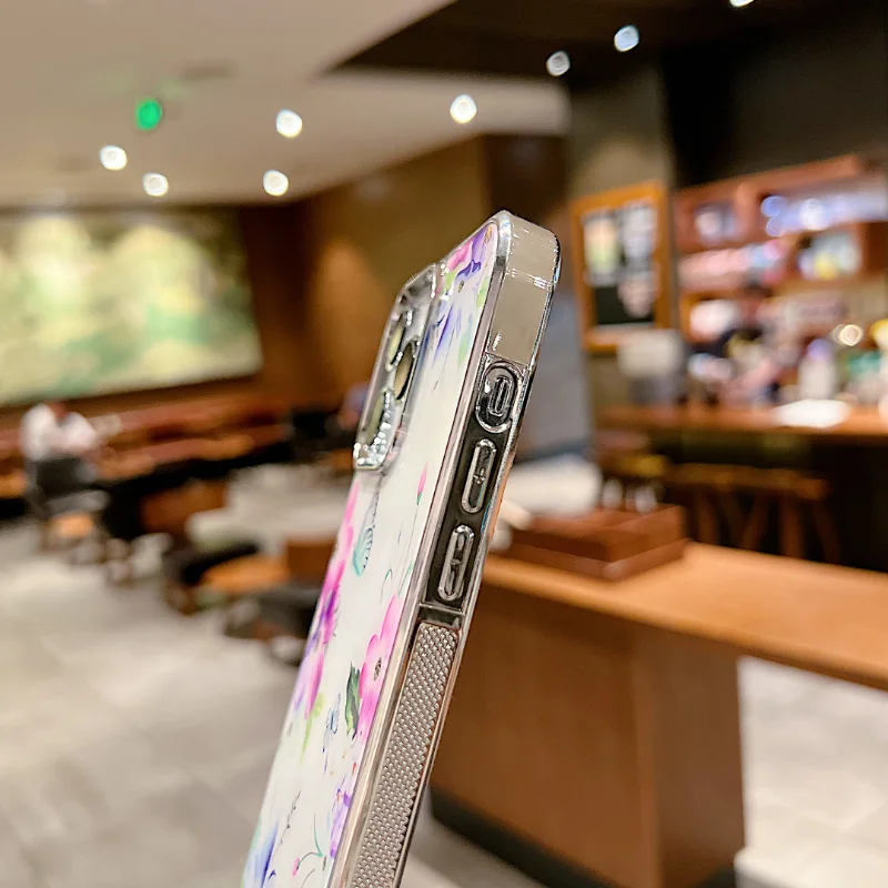 Galvanisierte Malerei Frische Blumen Telefonhülle für iPhone 14 Pro Max 14Pro 13Pro 13 Weicher TPU-Rahmen Harter PC Mode Rückseite_voghion.com