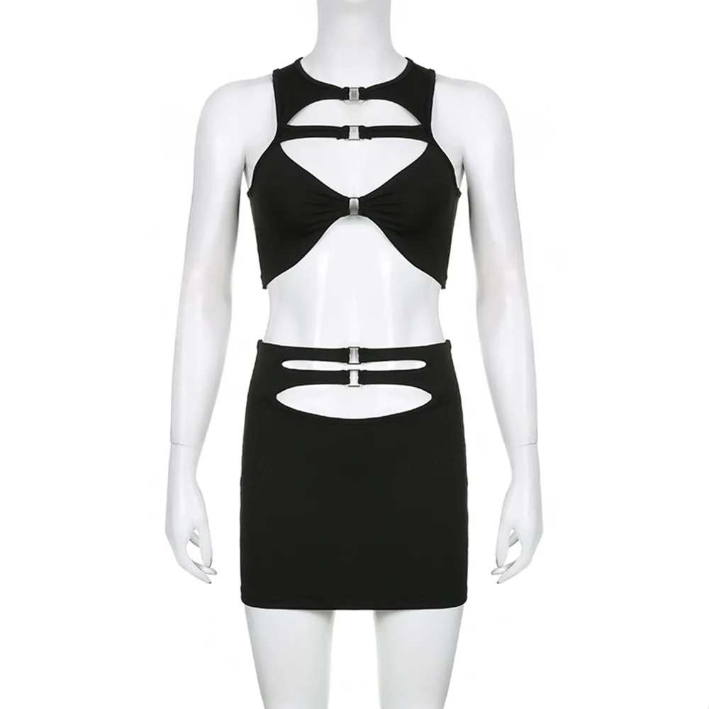 SKMY High Waist Skirt Set Women Outfits Hollow Out Sleeveless Crop Top Two Piece Set Beach Outfit Streetwear 2023 Summer Clothes