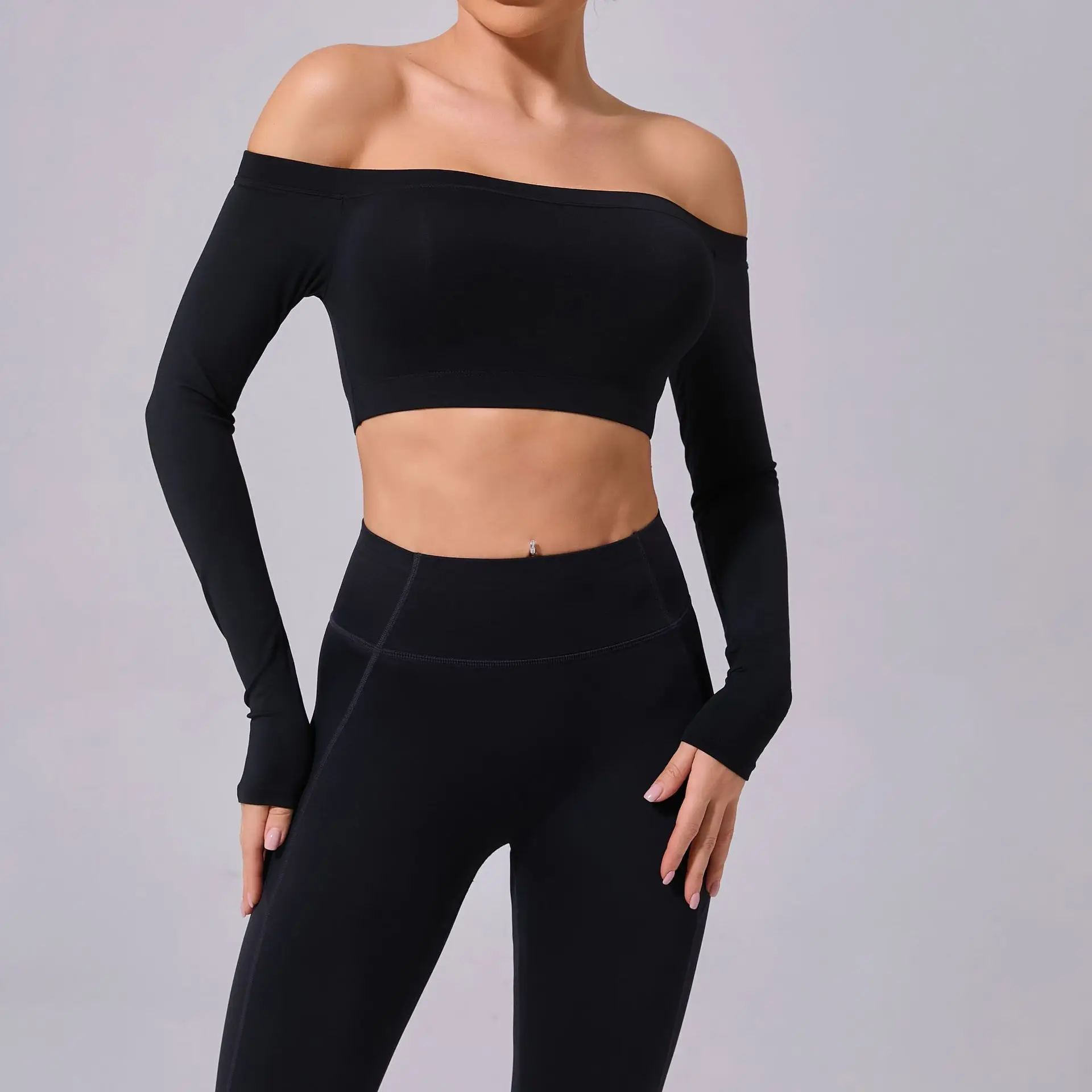 Top sportivo solido da donna T-shirt da yoga con spalle scoperte Manica lunga Allenamento da palestra Camicie da corsa Donne sexy Abbigliamento sportivo da palestra ad asciugatura rapida - immagine 3