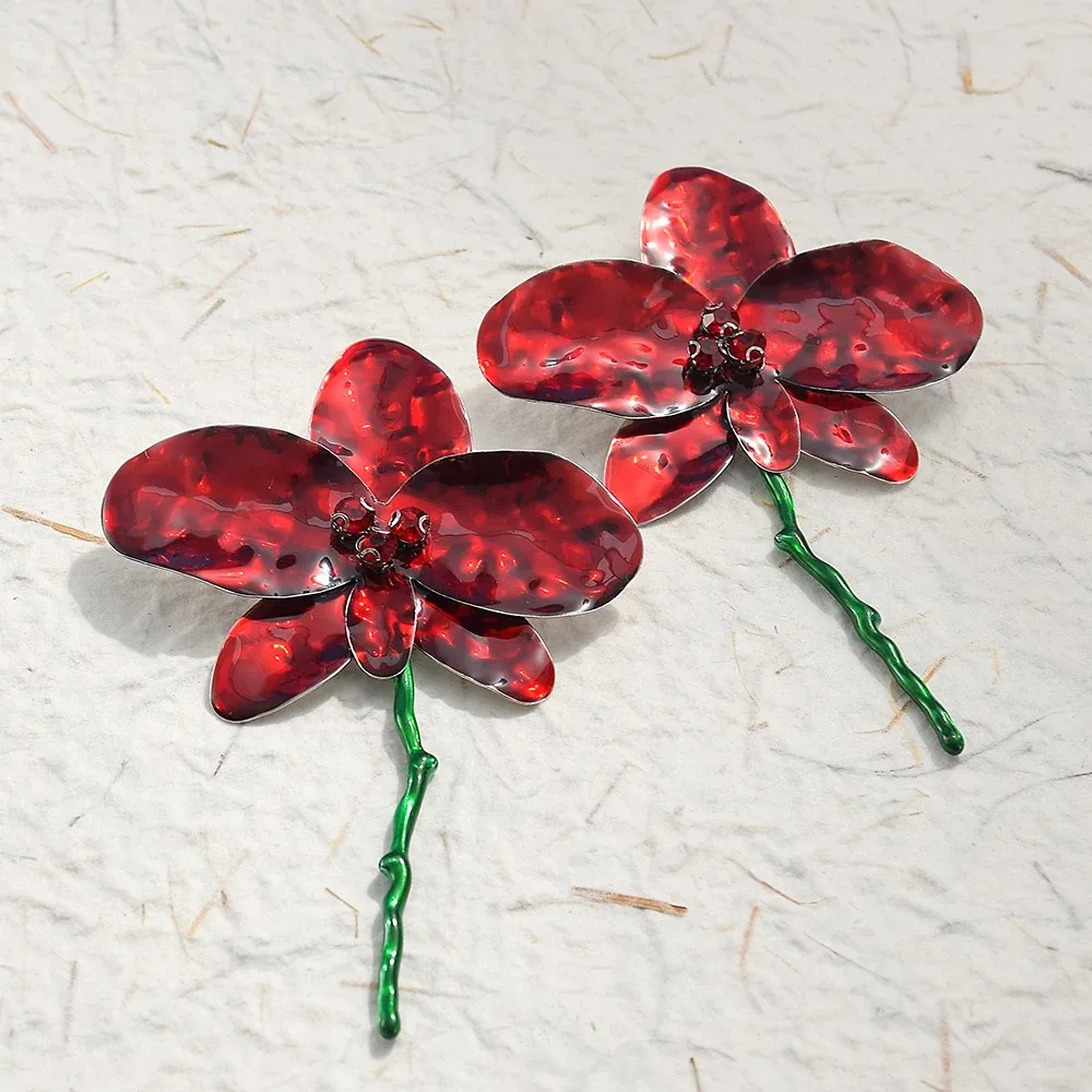 Big Flower Dangle Earrings Alloy Bohemian Fairy Earrings Enamel Design Red Flower Gift