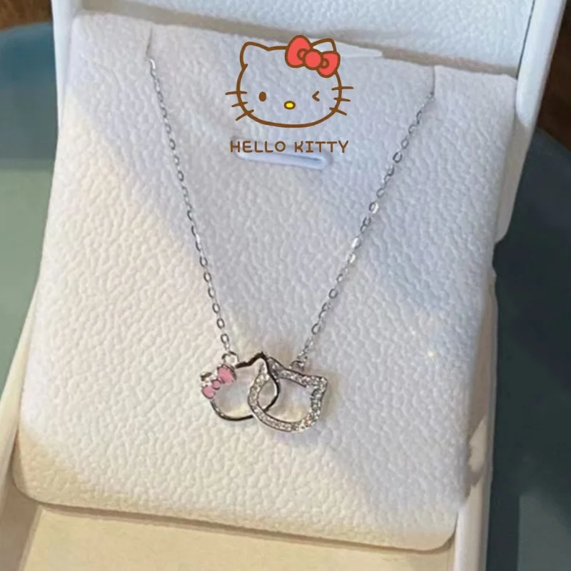 

Kawaii HelloKittys Necklace Pendant Kawaii Double Ring Clavicle Chain Girlfriend Charms Clasped Anime Chain Jewelry Xmas Gift