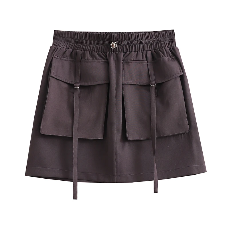 Faldas cortas elegantes de cintura alta elástica vintage con bolsillos y minifaldas lisas para mujer