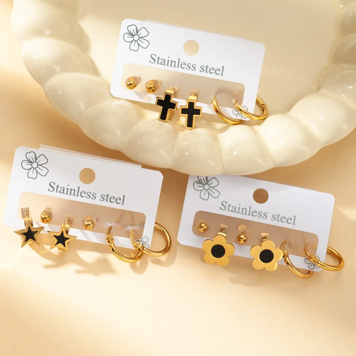 Trendy Titanium Stainless Steel Star Flower Cross Earrings Jewelry 3Pair/Set Earrings For Women Girls 1