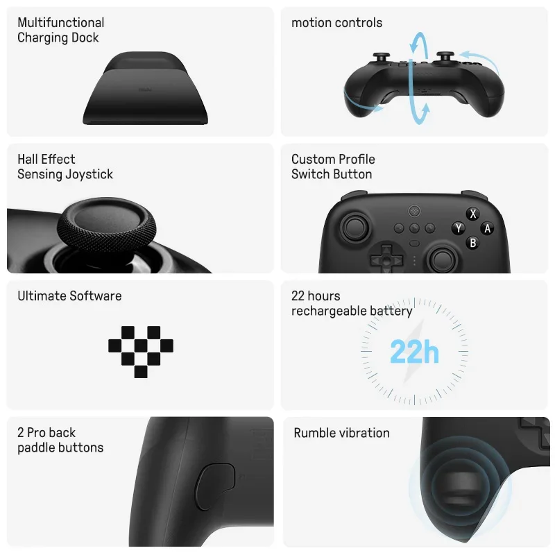 8BitDo-ostateczny bezprzewodowy kontroler gier Bluetooth z stacja do ładowania dla Nintendo przełącznik i PC, Windows 10, 11, Steam