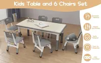 Ensemble table et 6 chaises pour enfants : hauteur réglable, plateau anti-graffiti avec pieds antidérapants et boîte de rangement, idéal pour la maternelle, la salle de jeux ou la maison, mobilier d'activités éducatives robuste pour les enfants de 2 à 10 ans, ensemble de 7 pièces, gris 2