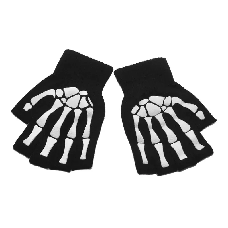 1-12pairs Punk Gloves Halloween Skull Half Finger Gloves Shine In The Dark Fingerless Elastic Knitted Winter Multi Finger Gloves