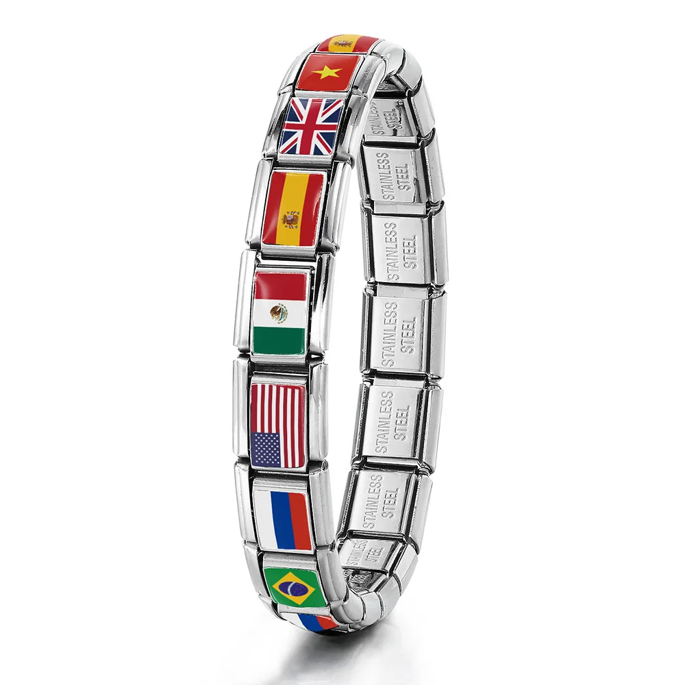 Stainless Steel Bracelet Classic World National Flag Italian Charm Link Fit 9mm Fashion Women Men Jewelry DIY Bead Making