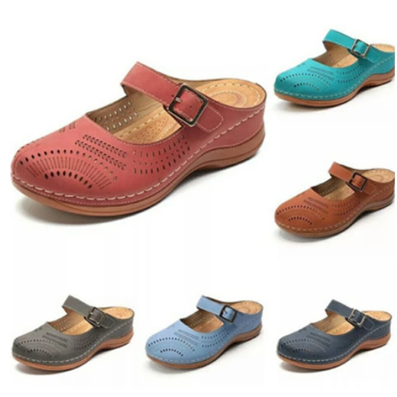 summer new leather women beach casual shoes non-slip wedge comfortable footwear women slippers mother outdoor sandals Plus Size