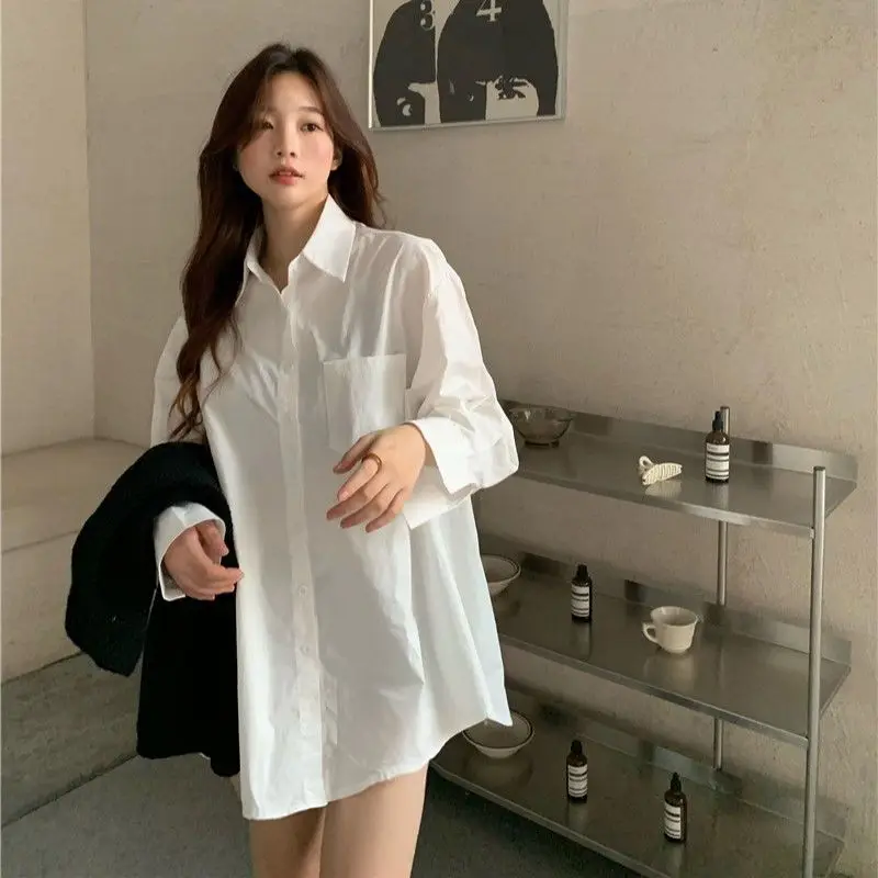 Spring and Autumn Korean Style New White Shirt Top Women's Loose Mid-Length Design Sense Niche Boyfriend Lazy Style Shirt Fashio