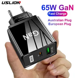 USLION 65W GaN Charger EU KR AU Plug Adapter Laptop Fast Charging For iPhone USB Type C Quick Charger Mobile Phone USB Charger