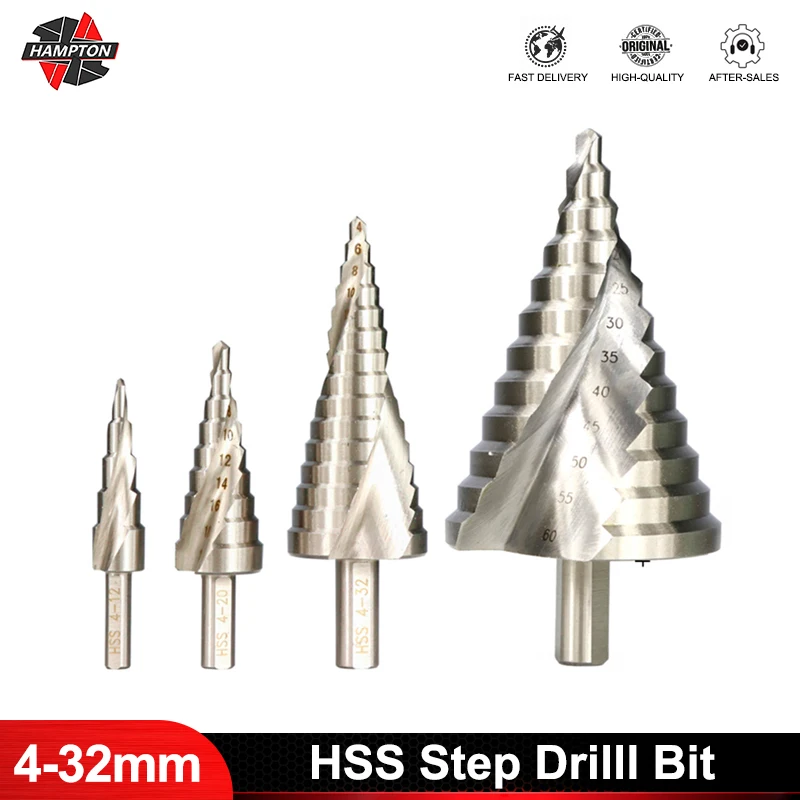 

Step Drill Bit 4-12/20/32mm 6-60mm Metal Drills HSS Steel Step Cone Drill Round Shank Wood Metal Drilling Tool Hole Cutter