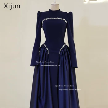 Xijun Luxury Velvet Long Evening Dresses Beads Full Sleeves A-Line Muslim Prom Dresses HIgh Collar Dubai Prom Gowns Customized 1