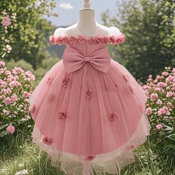 Little girl flower bow decoration party dress cute suitable for one-year birthday ceremony Flower girl flower