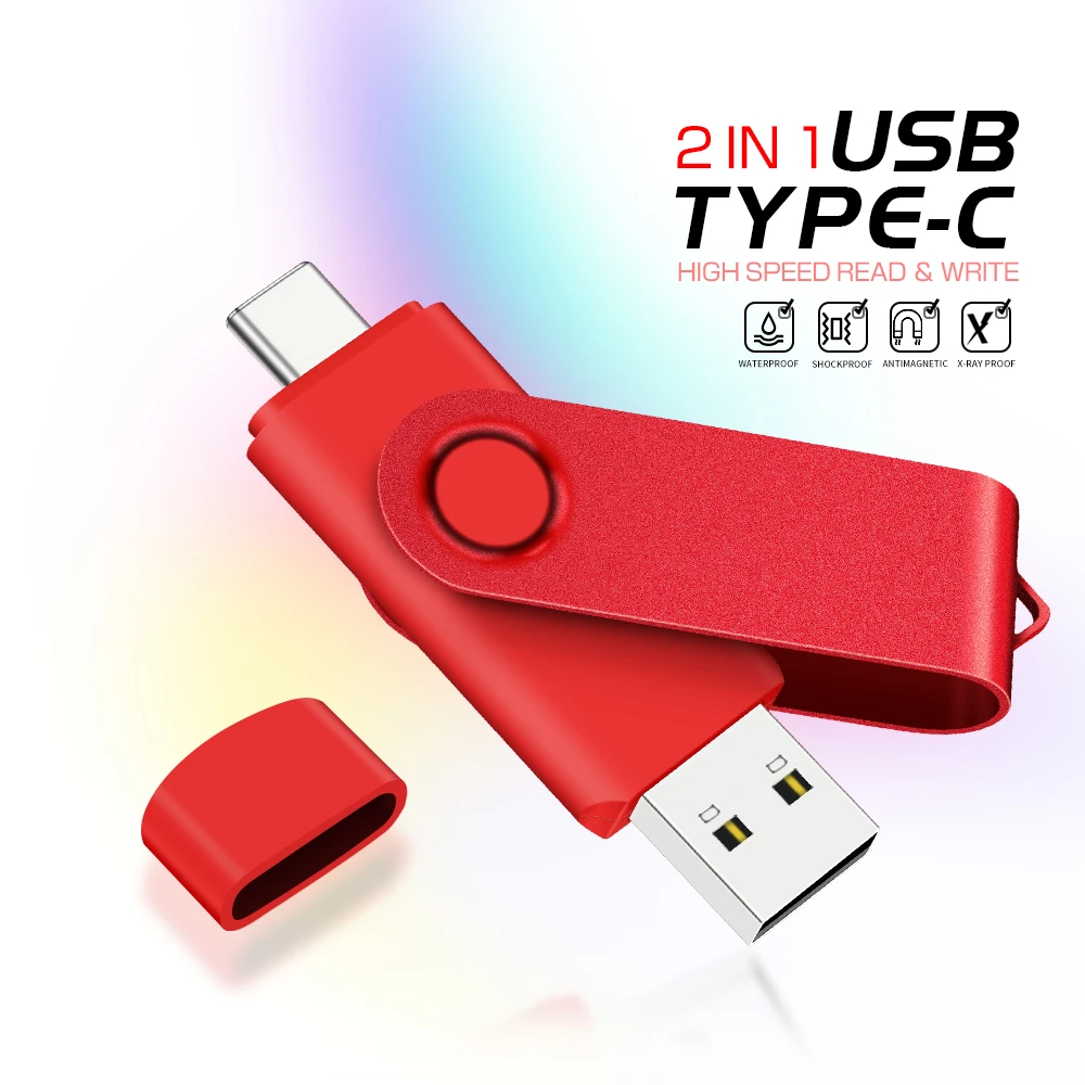 TYPE C USB Flash Drive 128GB 2 in 1 Red Memory Stick 32GB Rotatable Pen