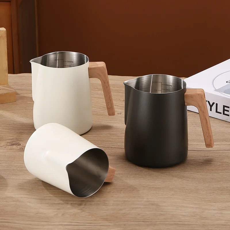 Coffee Milk Frothing Pitcher Jug 304 Stainless Steel Precision Scale Anti-scald Wood Grain Handle Professional Coffee Utensils