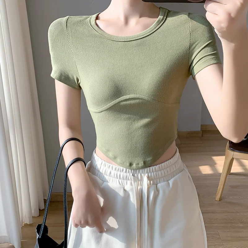 

2023 Summer New Threaded T-shirts Women Fashion Patchwork Round Neck Irregular Hem Slim Fit Short Sleeve Crop Tops