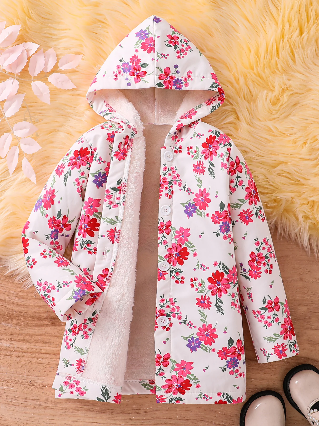 Fall/Winter Girls' Fleece Hooded Single-Breasted Floral Print Coat Holiday School Thermal Jacket Top girls winter coat