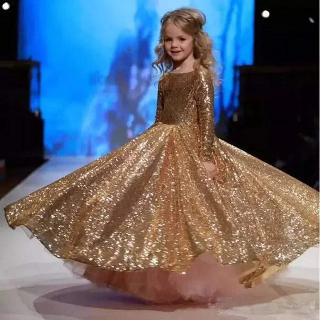 

Sparky Girls Pageant Dresses 2023 Gold Long Sleeves Kid Birthday Princess Dresses Toddler Ruffles Cupcake Flower Girls Dress