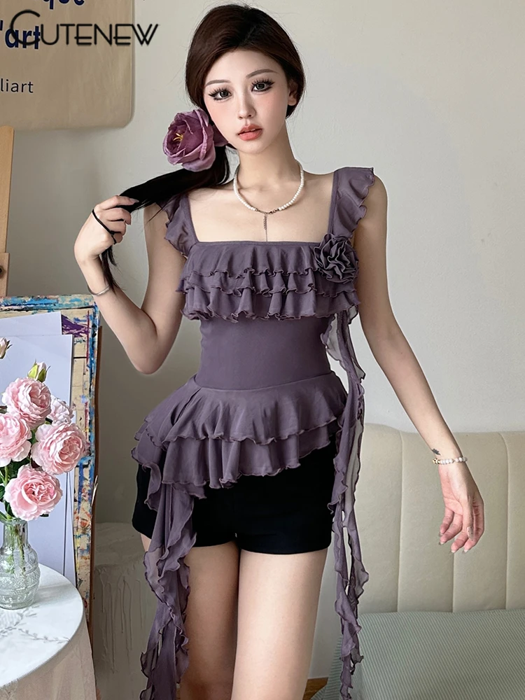 

Топ женский ассиметричный с оборками, квадратным вырезом и лентами