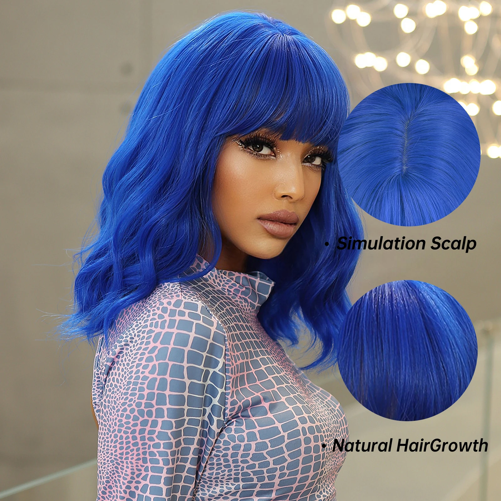 Blue Synthetic Wigs Cosplay Wig Short Curly Bob Wigs with Bangs