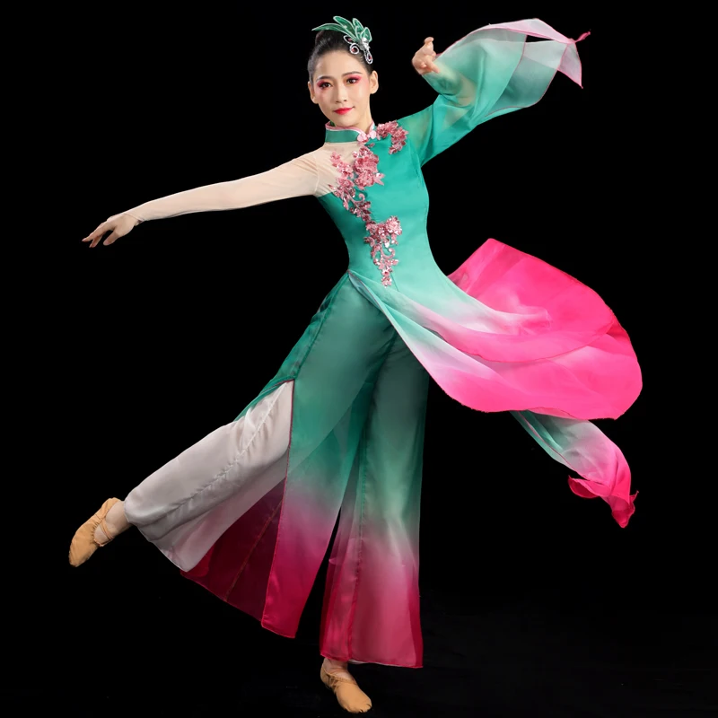 

Floating Classical Dance Costume Women Chinese Dance Practice Clothes Fan Dance Jiaozhou Yangge Performance Costume