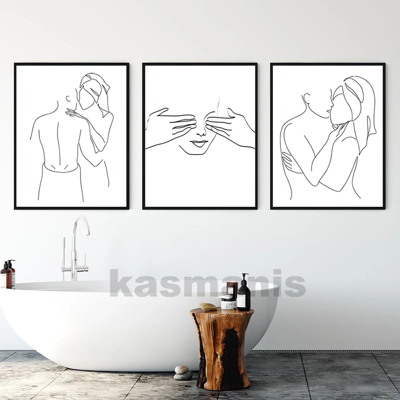 Couple In Bathroom Line Art Print Black and White Naked Female Body Line Drawing Poster Abstract Love Canvas Painting Decoration