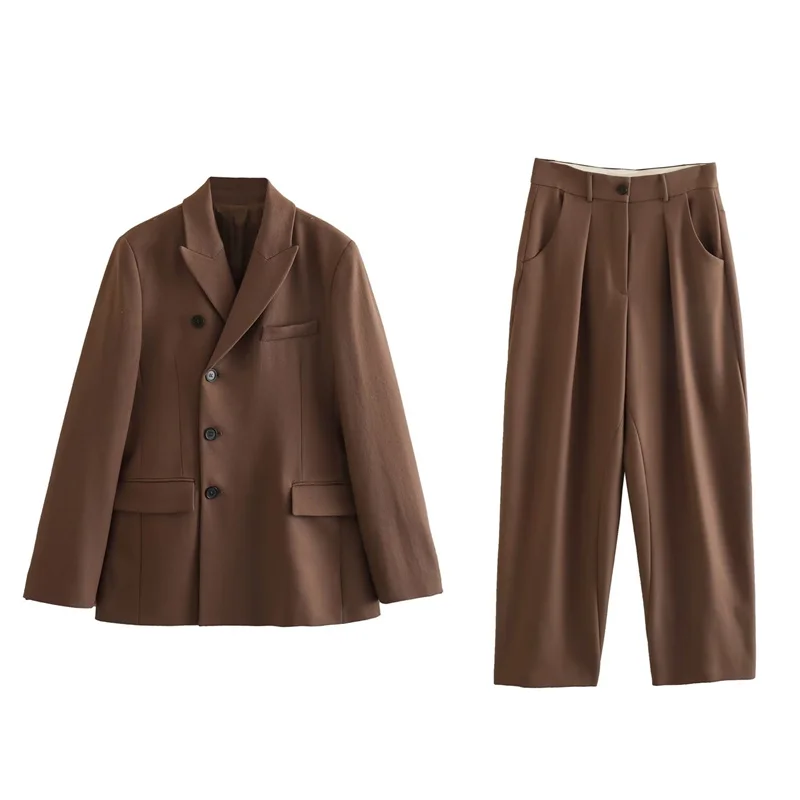 

Woman Vintage Brown Asymmetrical Straight Balzer Suit 2023 Spring Female Solid Harem Pants Sets Ladies High Street Blazers Sets