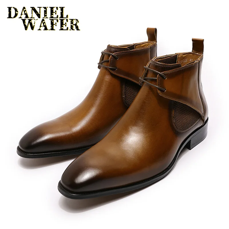 Luxury Design CHUKKA Boots Fashion Men's Genuine Leather Ankle Boots Lace-up Formal Mens Dress Shoes Black Brown Basic Men