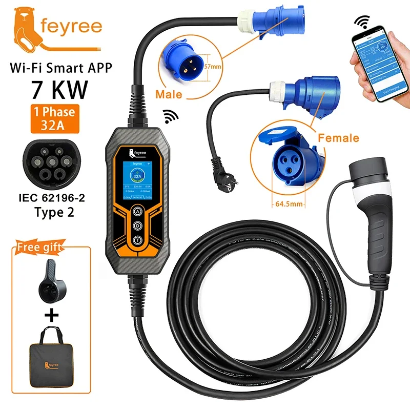 Ev charger Portable EV Charger Type2 32A 7KW Wi-Fi APP Control Current Adjustable Smart Timing Charging EVSE Wallbox Home&Outdoor