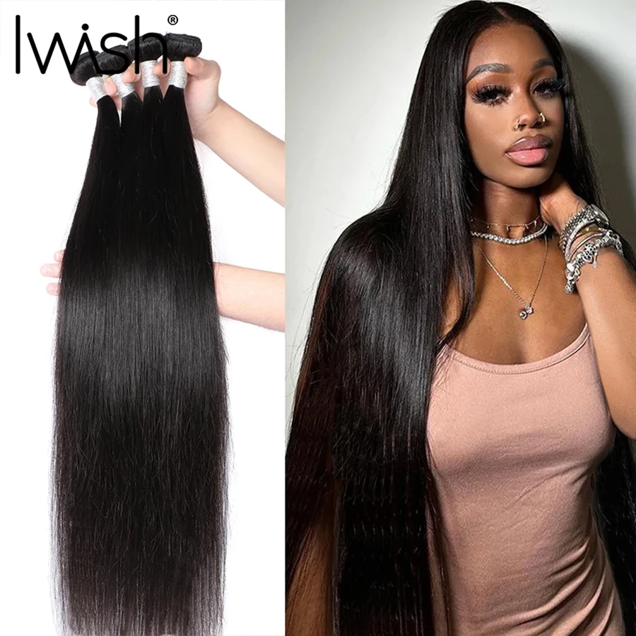 Human Hair Bundles 1/3/4 Piece Hair Extension For Women Brazilian Straight Human Hair Weave Bundles Natural Black 12A Iwish Hair
