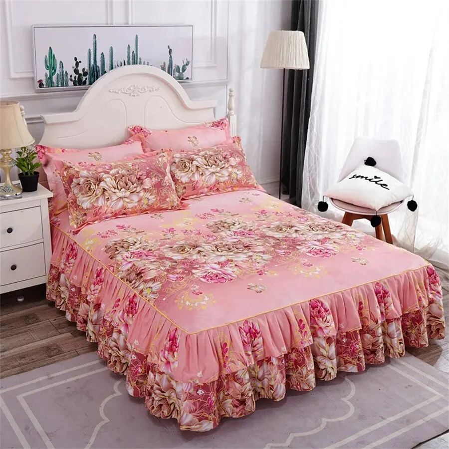 Bed Skirt Set 3PCS Bedsheet * 1 Pillowcase * 2 Coreless Printed Bedskirt All Season Universal Anti Slip bed skirt