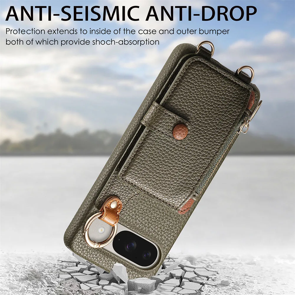 Litchi Patterned Leather Wallet Phone Case with Card Holder and Lanyard Strap